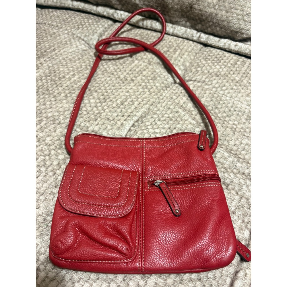 Tignanello Red Pebbled Leather Crossbody Bag Front Pocket Contrast Stitching